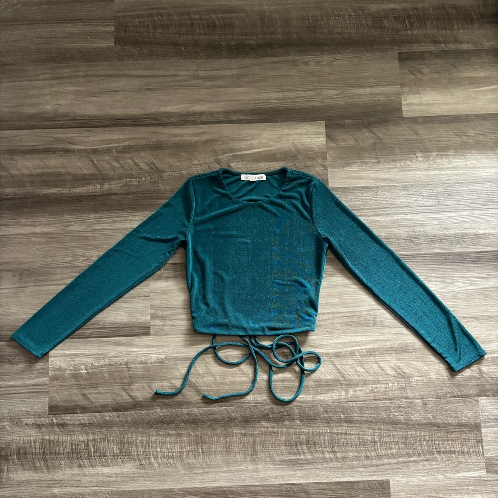 Teal Long Sleeve Crop Top with Tie Back